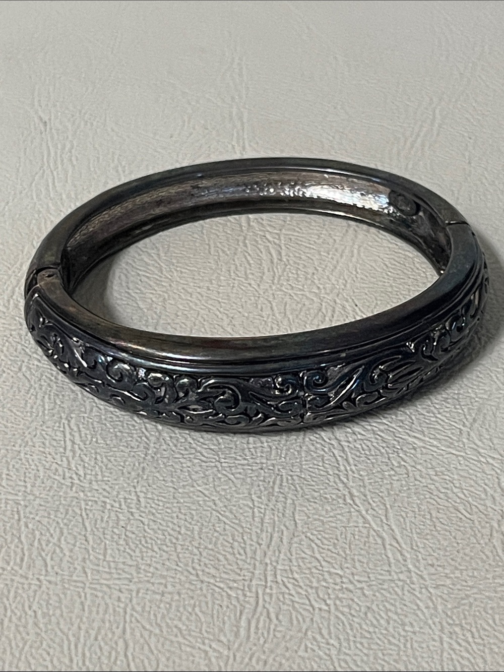 Floral Hinged Bangle Bracelet - Black Silver Tone